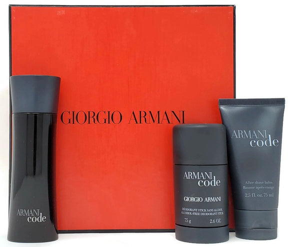 Armani Code (Original) by Giorgio Armani for Men 3-Piece Set: 2.5 oz EDT Spray 2.6 oz Deodorant 2.5 oz After Shave Balm - FragranceAndBeauty.com