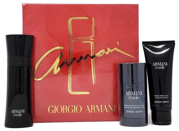 Armani Code (Original) by Giorgio Armani for Men 3-Piece Set: 2.5 oz EDT Spray 2.6 oz Deodorant 2.5 oz After Shave Balm - FragranceAndBeauty.com