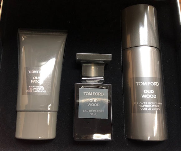 Tom Ford Oud Wood for Unisex 3-Piece Set: 1.7 oz Eau de Parfum Spray, 5 oz Body Spray + 2.5 oz Shower Gel